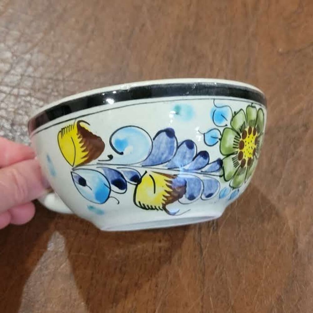 Vintage Tonala Mexican Folk Art Pottery Clay Floral Mug Small Soup bowl